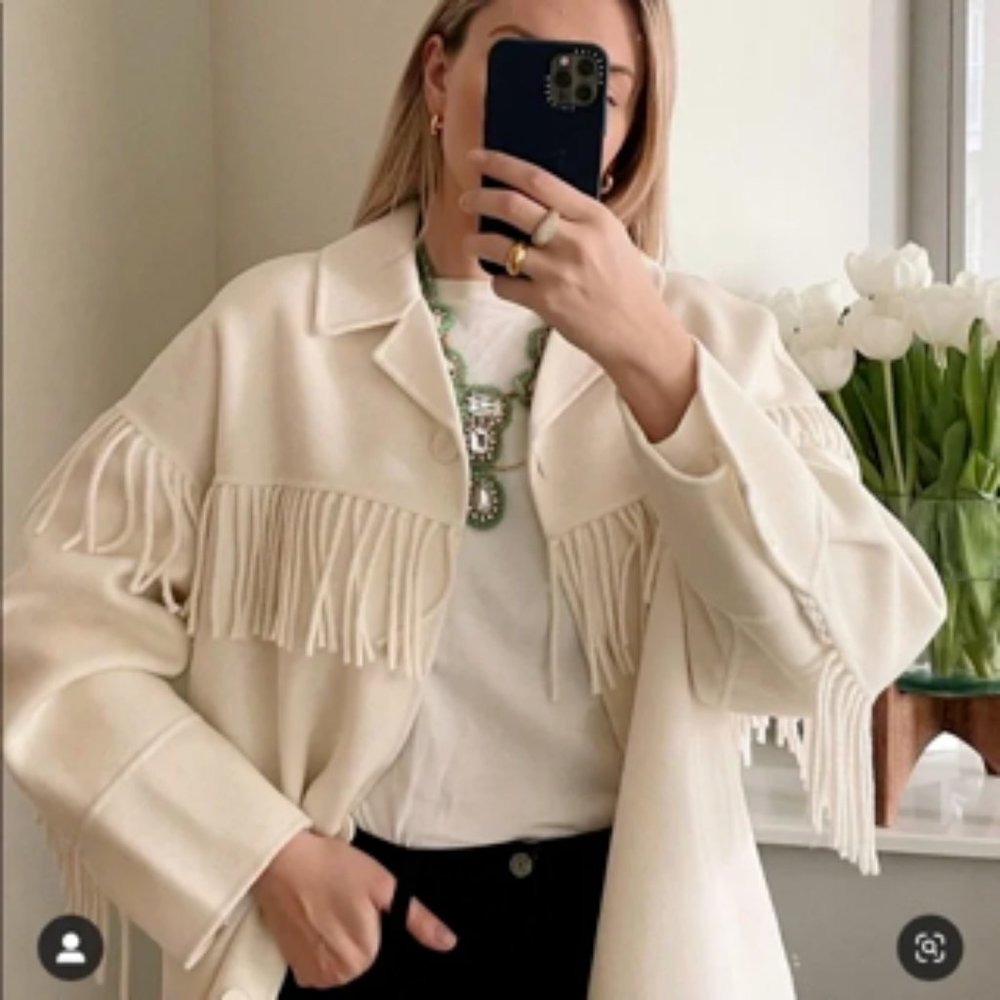 SANDRO Brandon Double-Faced Fringe Wool-Blend Jacket - Off White